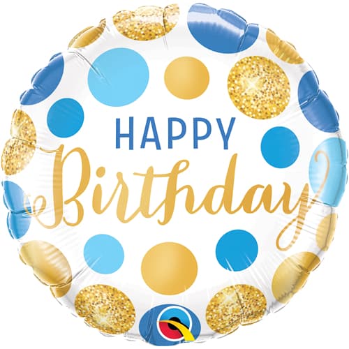 18" Happy Birthday Blue And Gold Dots Foil Balloon