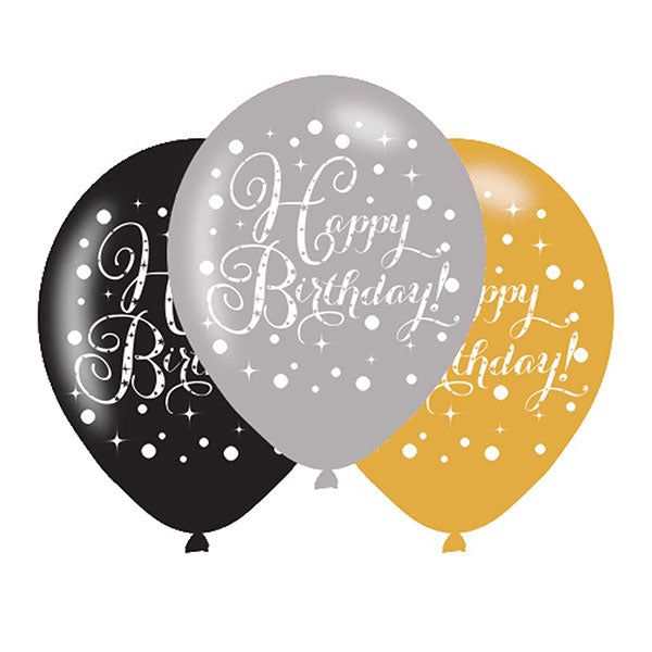 11" Happy Birthday Gold Celebration Latex Balloons 6pk