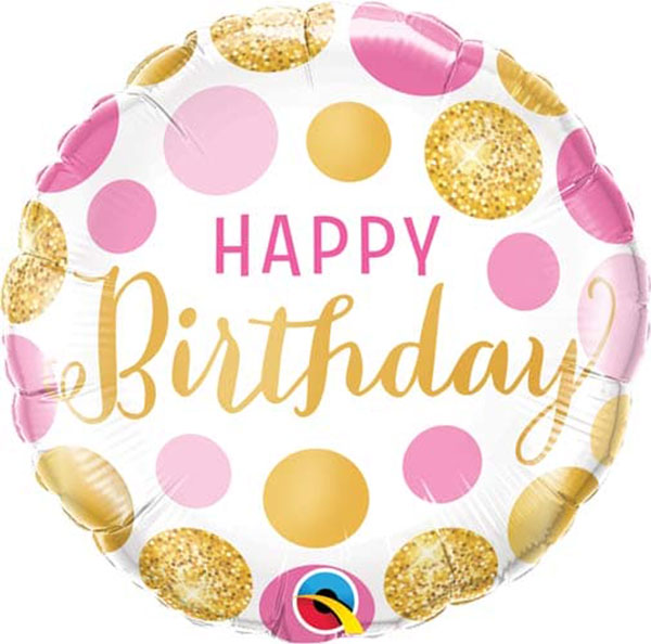 18" Pink & Gold Dots Happy Birthday Foil Balloon