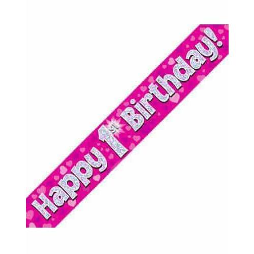 1st Birthday Pink Holographic Banner