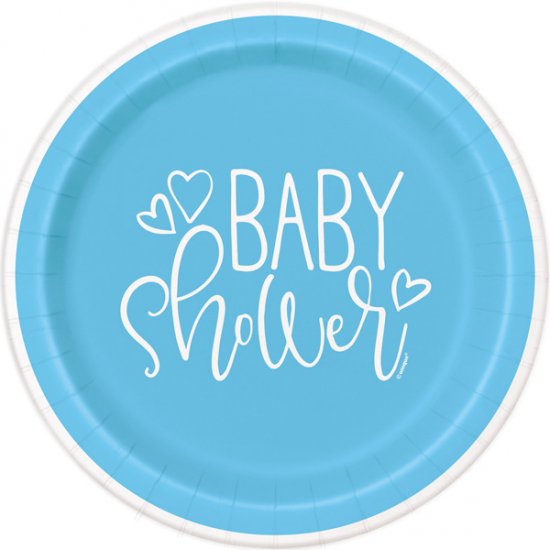 9" Blue Baby Shower Hearts Paper Plates 8pk