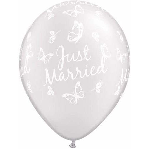 Just Married Butterflies Pearl White Latex Balloons x25