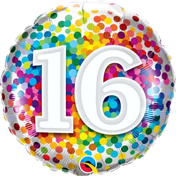 18" Age 16 Rainbow Confetti Foil Balloon