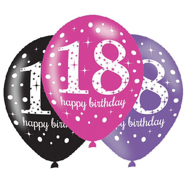 11" Happy 18th Birthday Pink Celebration Latex Balloons 6pk