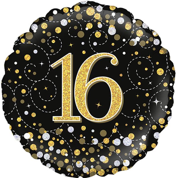 18" 16th Black Sparkling Fizz Foil Balloon