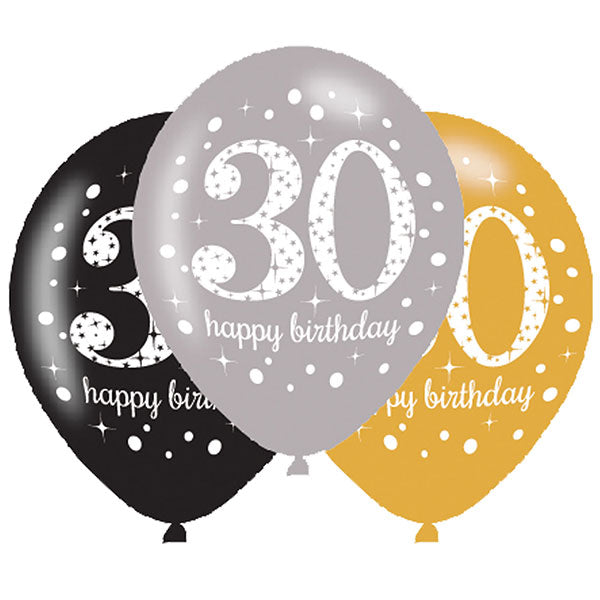 11" Happy 30th Birthday Gold Celebration Latex Balloons 6pk