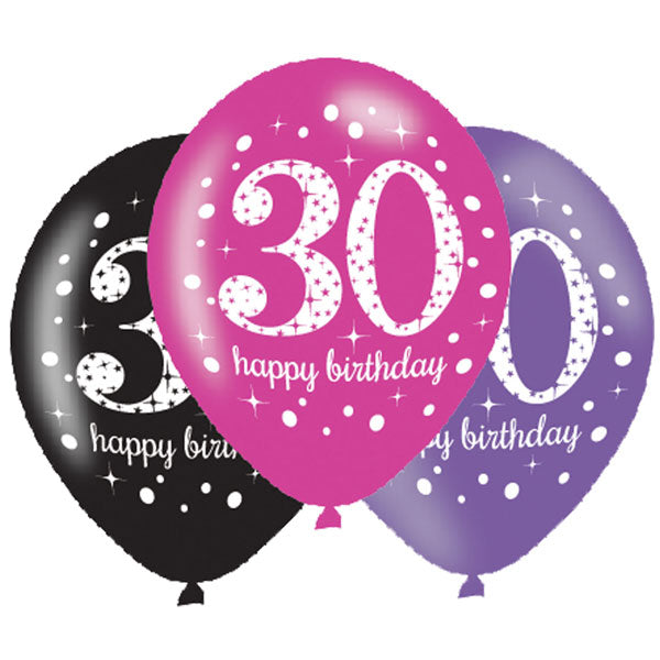 11" Happy 30th Birthday Pink Celebration Latex Balloons 6pk