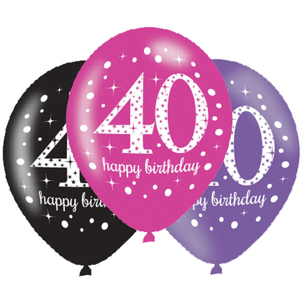 11" Happy 40th Birthday Pink Celebration Latex Balloons 6pk