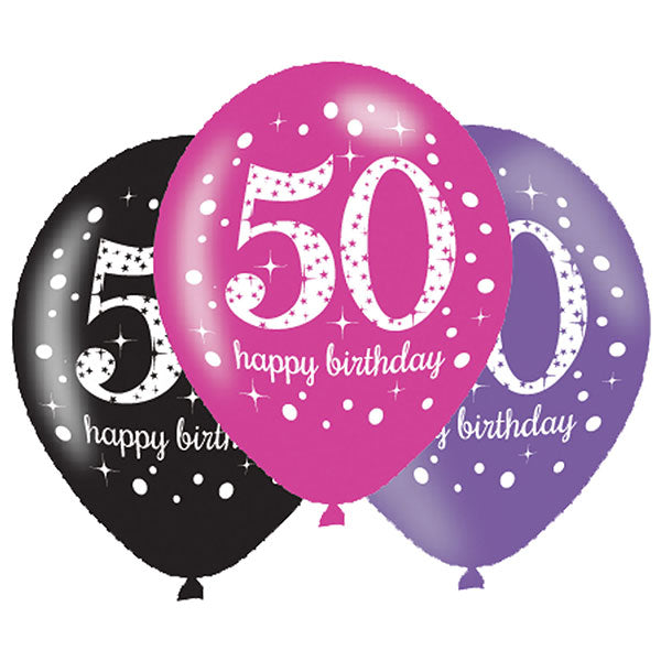 11" Happy 50th Birthday Pink Celebration Latex Balloons 6pk