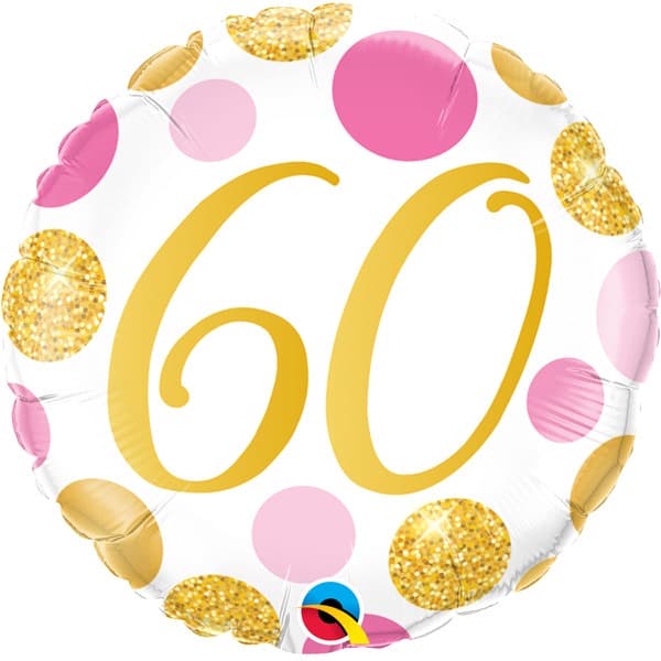 18" 60th Pink & Gold Dots Foil Balloon