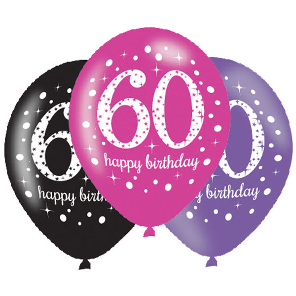 11" Happy 60th Birthday Pink Celebration Latex Balloons 6pk