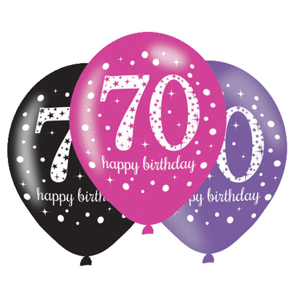 11" Happy 70th Birthday Pink Celebration Latex Balloons 6pk