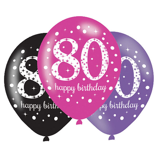11" Happy 80th Birthday Pink Celebration Latex Balloons 6pk
