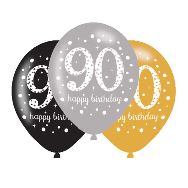 11" Happy 90th Birthday Gold Celebration Latex Balloons 6pk