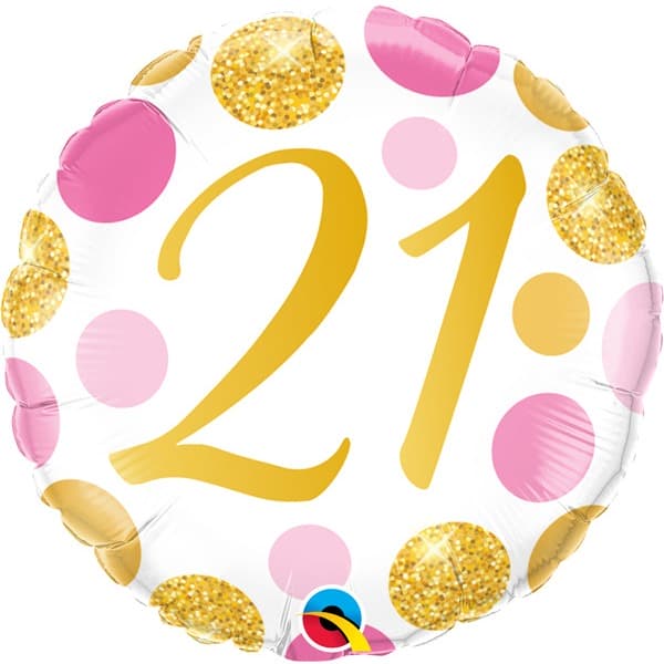18" 21st Pink & Gold Dots Foil Balloon