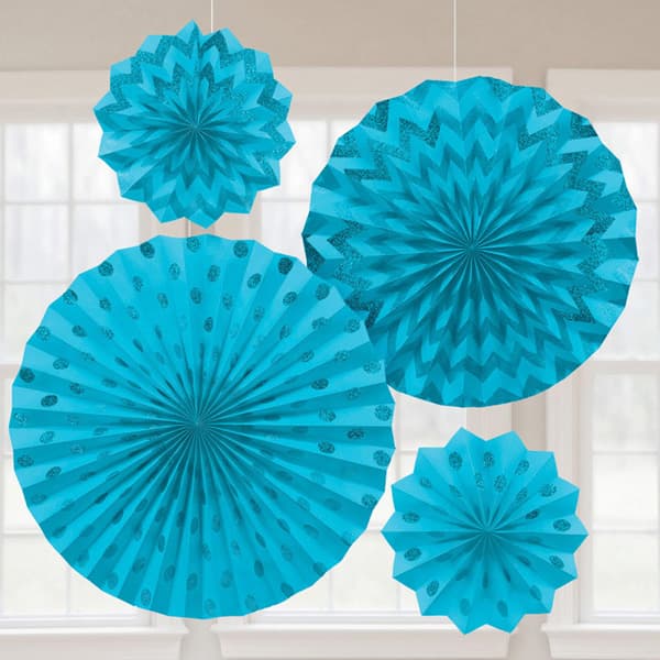 Caribbean Blue Glitter Paper Fans 4pk — The Party Monster