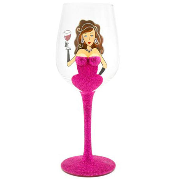 Pink Glitter Lady Wine Glass