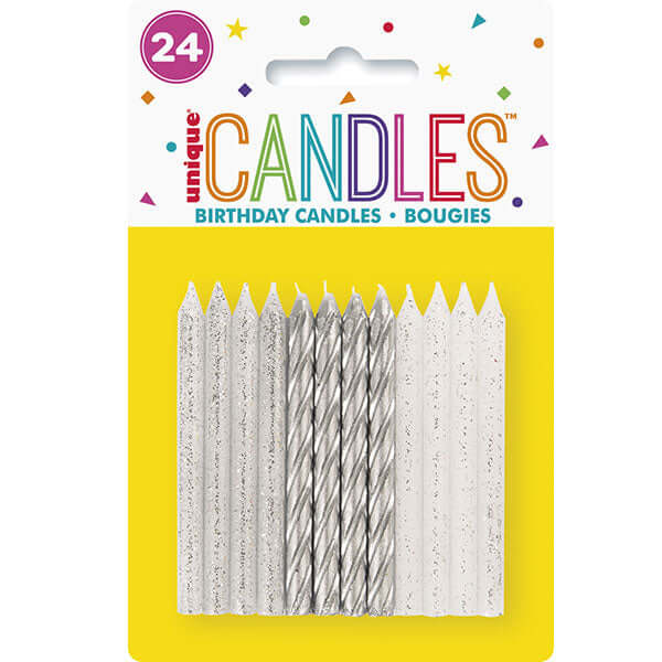 Silver & White Cake Candles 24pk
