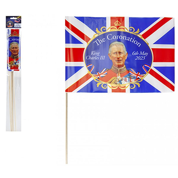 Kings Coronation Waving Flags With Sticks 4pk