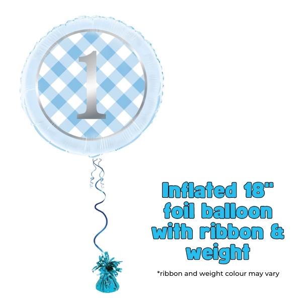 18" Blue Gingham 1st Birthday Foil Balloons