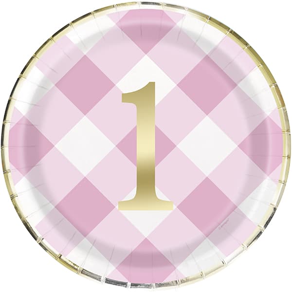 Pink Gingham 1st Birthday Plates 8pk