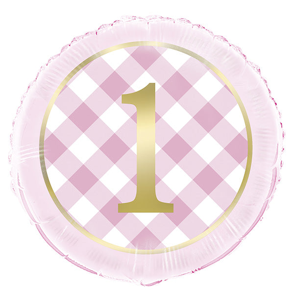 18" Pink Gingham 1st Birthday Foil Balloons