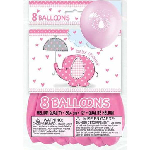 Baby Shower Pink Umbrella Elephants Latex Balloons 8ct