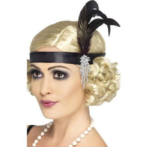 Black Satin Charleston Headband with Feather and Jewel