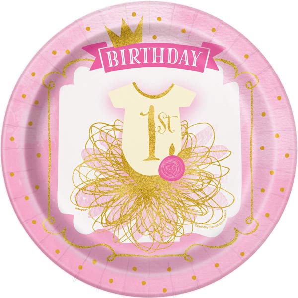 1st Birthday Gold And Pink Paper Plates 8pk