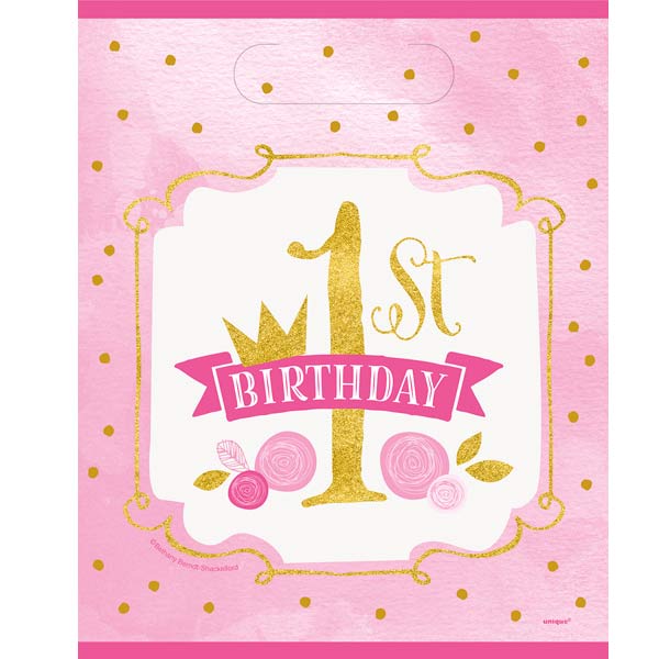 Gold And Pink 1st Birthday Party Bags 8pk