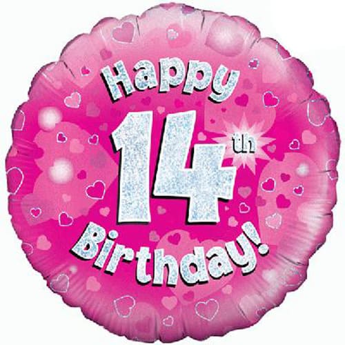 Happy 14th Birthday Pink Holographic Foil Balloon