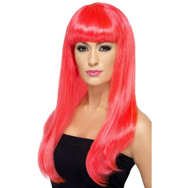 Long Neon Pink Straight Wigs With Fringe