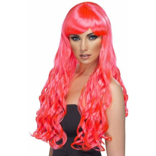 Long Fuchsia Pink Curly Wigs With Fringe