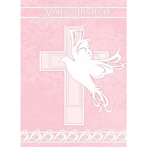 Dove Cross Pink Invitations x8