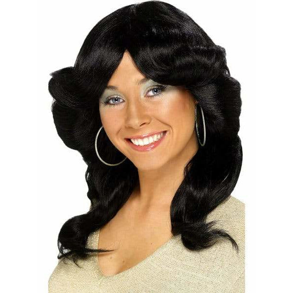Ladies 70s Black Layered Flick Wig