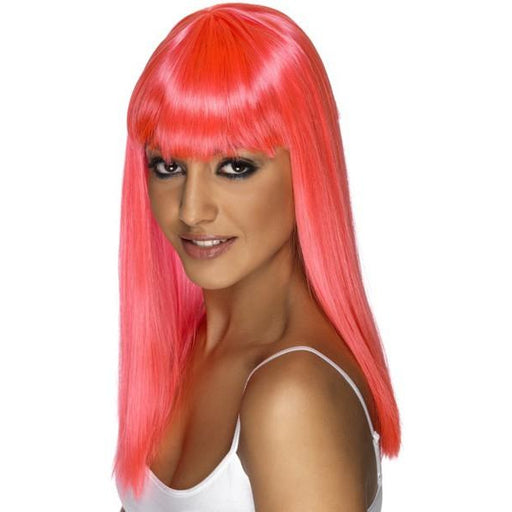 Neon Pink Long Straight Wigs With Fringe