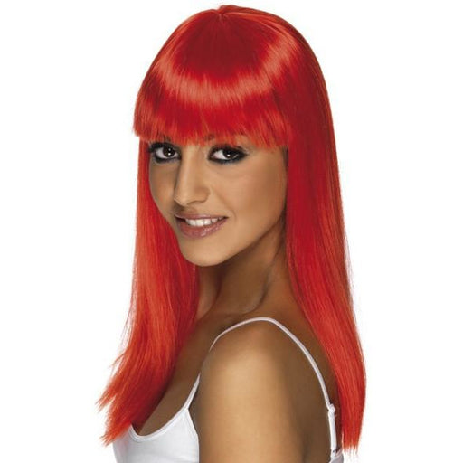 Neon Red Long Straight Wigs With Fringe