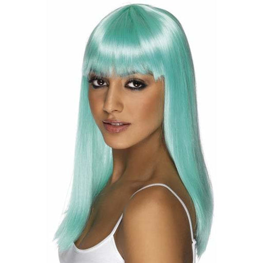 Neon Aqua Long Straight Wigs With Fringe