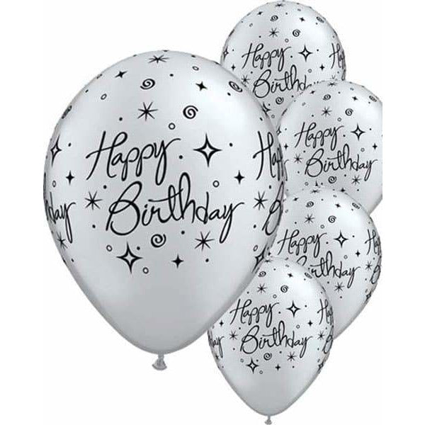 Happy Birthday Silver Elegant Sparkle Latex Balloons 6ct