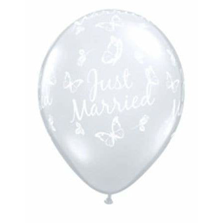 Just Married Butterflies Diamond Clear Latex Balloons x25