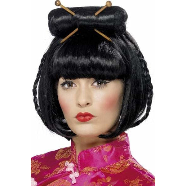 Oriental Ladies Black Wig With Chopsticks