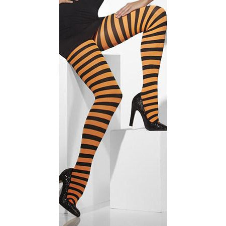 Orange And Black Striped Opaque Tights